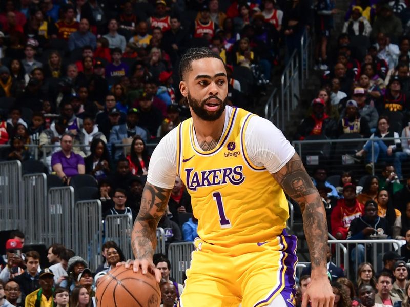 ATLANTA, GA - JANUARY 30: D'Angelo Russell #1 of the Los Angeles Lakers handles the ball during the game  on January 30, 2024 at State Farm Arena in Atlanta, Georgia.  NOTE TO USER: User expressly acknowledges and agrees that, by downloading and/or using this Photograph, user is consenting to the terms and conditions of the Getty Images License Agreement. Mandatory Copyright Notice: Copyright 2024 NBAE (Photo by Scott Cunningham/NBAE via Getty Images)