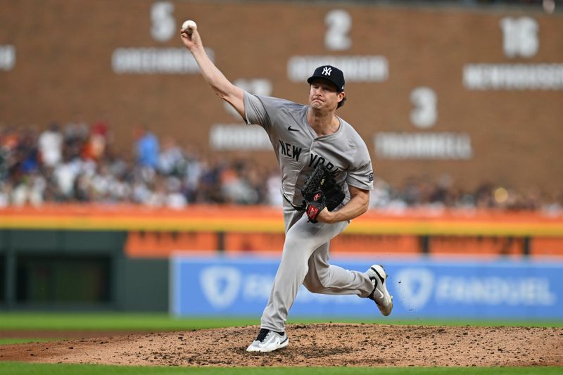 Aug 16, 2024; Detroit, Michigan, USA;  New York Yankees starting pitcher Gerrit Cole (45) throws a pitch against the Detroit Tigers in the fifth inning at Comerica Park. Mandatory Credit: Lon Horwedel-USA TODAY Sports