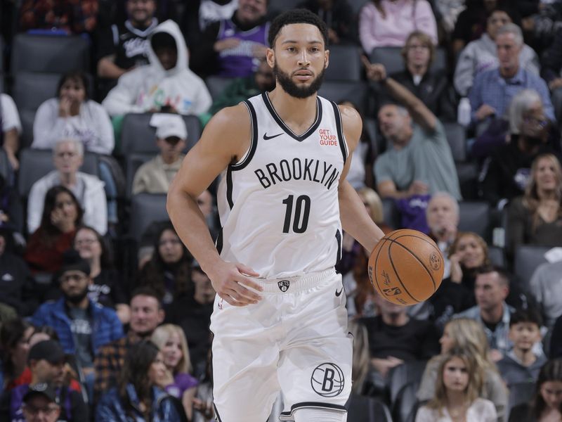 SACRAMENTO, CA - NOVEMBER 24: Ben Simmons #10 of the Brooklyn Nets dribbles the ball during the game against the Sacramento Kings on November 24, 2024 at Golden 1 Center in Sacramento, California. NOTE TO USER: User expressly acknowledges and agrees that, by downloading and or using this Photograph, user is consenting to the terms and conditions of the Getty Images License Agreement. Mandatory Copyright Notice: Copyright 2024 NBAE (Photo by Rocky Widner/NBAE via Getty Images)