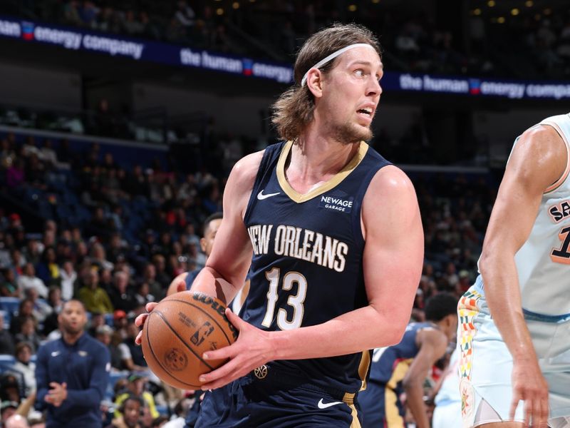 NEW ORLEANS, LA - FEBRUARY 23:  Kelly Olynyk #13 of the New Orleans Pelicans handles the ball during the game against the San Antonio Spurs on February 23, 2025 at the Smoothie King Center in New Orleans, Louisiana. NOTE TO USER: User expressly acknowledges and agrees that, by downloading and or using this Photograph, user is consenting to the terms and conditions of the Getty Images License Agreement. Mandatory Copyright Notice: Copyright 2025 NBAE (Photo by Jeff Haynes/NBAE via Getty Images)