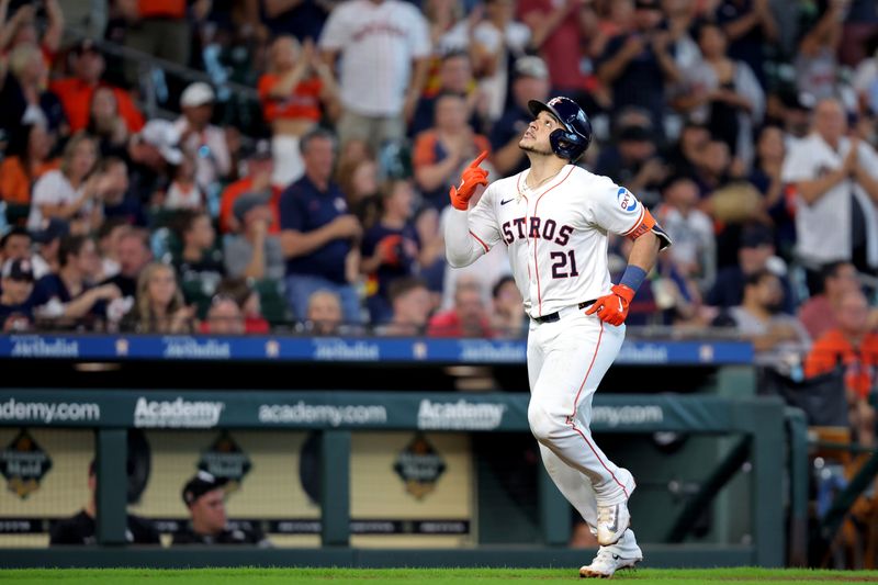 Aug 18, 2024; Houston, Texas, USA; Houston Astros catcher Yainer Diaz (21) reacts after hitting a home run to left field against the Chicago White Sox during the sixth inning at Minute Maid Park. Mandatory Credit: Erik Williams-USA TODAY Sports