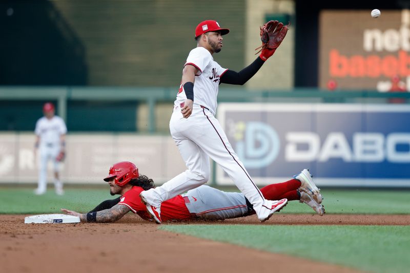 Jul 19, 2024; Washington, District of Columbia, USA; Cincinnati Reds second base Jonathan India (6) steals second base ahead of a throw to Washington Nationals second base Luis García Jr. (2) during the third inning at Nationals Park. Mandatory Credit: Geoff Burke-USA TODAY Sports