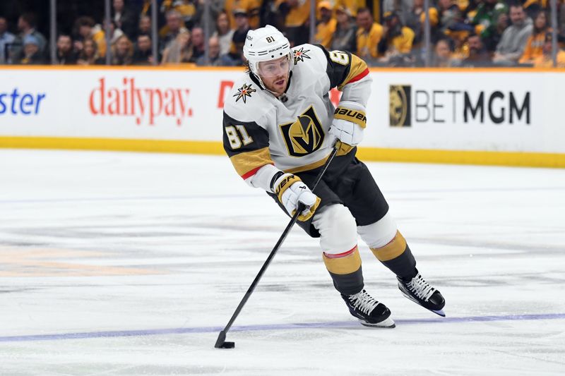 Mar 26, 2024; Nashville, Tennessee, USA; Vegas Golden Knights right wing Jonathan Marchessault (81) skates with the puck during the second period against the Nashville Predators at Bridgestone Arena. Mandatory Credit: Christopher Hanewinckel-USA TODAY Sports