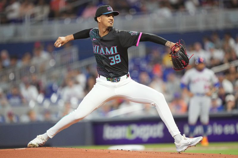 Sep 27, 2025; Miami, Florida, USA; Miami Marlins pitcher Eury Pérez (39) pitches in the first inning against the New York Mets at loanDepot Park. Mandatory Credit: Jim Rassol-Imagn Images