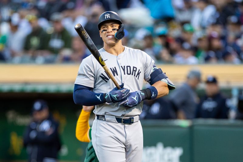 Sep 20, 2024; Oakland, California, USA; New York Yankees outfielder Aaron Judge (99) at bat during the first inning against the Oakland Athletics at Oakland-Alameda County Coliseum. Mandatory Credit: Bob Kupbens-Imagn Images