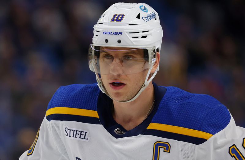 Feb 10, 2024; Buffalo, New York, USA;  St. Louis Blues center Brayden Schenn (10) during a stoppage in play against the Buffalo Sabres during the first period at KeyBank Center. Mandatory Credit: Timothy T. Ludwig-USA TODAY Sports