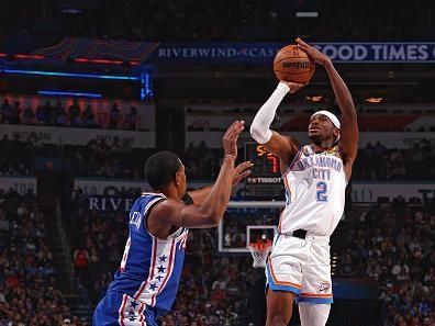 OKLAHOMA CITY, OK - NOVEMBER 25:  Shai Gilgeous-Alexander #2 of the Oklahoma City Thunder shoots the ball during the game against the Philadelphia 76ers on November 25, 2023 at Paycom Arena in Oklahoma City, Oklahoma. NOTE TO USER: User expressly acknowledges and agrees that, by downloading and or using this photograph, User is consenting to the terms and conditions of the Getty Images License Agreement. Mandatory Copyright Notice: Copyright 2023 NBAE (Photo by Zach Beeker/NBAE via Getty Images)