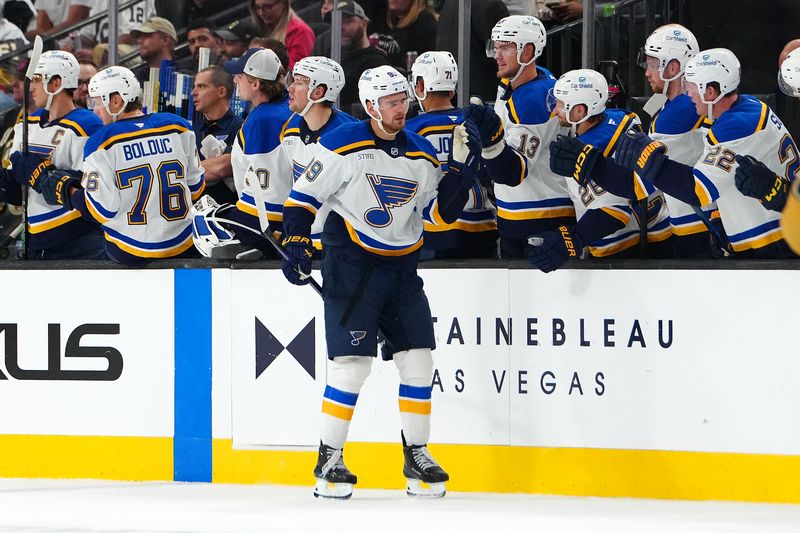 Oct 11, 2024; Las Vegas, Nevada, USA; St. Louis Blues left wing Pavel Buchnevich (89) celebrates with team mates after scoring a goal against the Vegas Golden Knights during the second period at T-Mobile Arena. Mandatory Credit: Stephen R. Sylvanie-Imagn Images