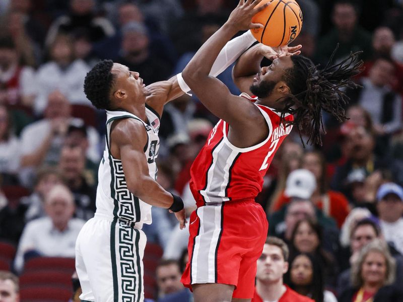 Mar 10, 2023; Chicago, IL, USA; Ohio State Buckeyes guard Bruce Thornton (2) shoots against Michigan State Spartans guard Tyson Walker (2) during the second half at United Center. Mandatory Credit: Kamil Krzaczynski-USA TODAY Sports