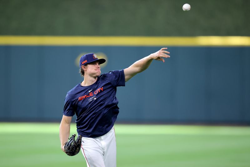 May 20, 2024; Houston, Texas, USA; Houston Astros center fielder Jake Meyers (6) warms up prior to the game against the Los Angeles Angels at Minute Maid Park. Mandatory Credit: Erik Williams-USA TODAY Sports