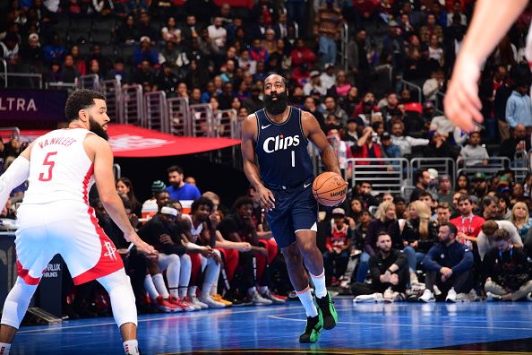 LOS ANGELES, CA - NOVEMBER 17: James Harden #1 of the LA Clippers brings the ball up court against the Houston Rockets during the In-Season Tournament on November 17, 2023 at Crypto.Com Arena in Los Angeles, California. NOTE TO USER: User expressly acknowledges and agrees that, by downloading and/or using this Photograph, user is consenting to the terms and conditions of the Getty Images License Agreement. Mandatory Copyright Notice: Copyright 2023 NBAE (Photo by Adam Pantozzi/NBAE via Getty Images)