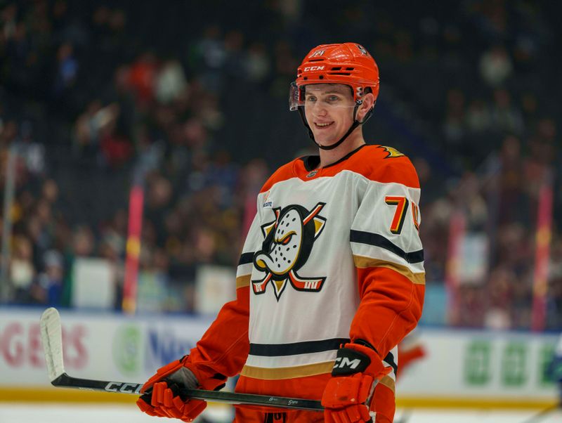 Jan 29, 2026; Vancouver, British Columbia, CAN;  Anaheim Ducks Defenseman Ian Moore (74) during the warmup against the Vancouver Canucks at Rogers Arena. Mandatory Credit: Christopher Morris-Imagn Images