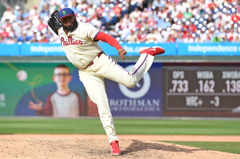 Apr 20, 2025; Philadelphia, Pennsylvania, USA; Philadelphia Phillies pitcher José Alvarado (46) throws a pitch during the ninth inning against the Miami Marlins at Citizens Bank Park. Mandatory Credit: Eric Hartline-Imagn Images