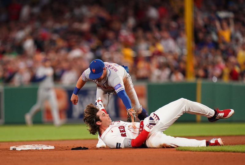 Jul 23, 2023; Boston, Massachusetts, USA; Boston Red Sox first baseman Triston Casas (36) tagged out at seconds by New York Mets second baseman Danny Mendick (15) in the fifth inning at Fenway Park. Mandatory Credit: David Butler II-USA TODAY Sports