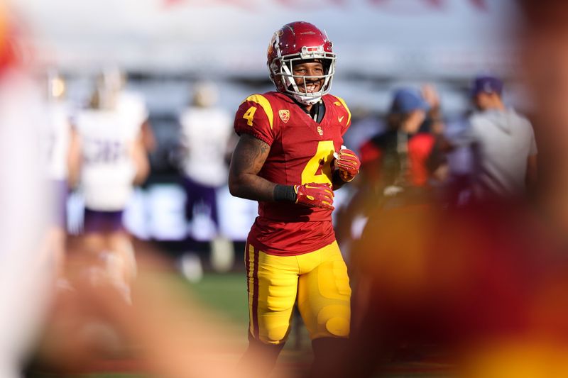 Nov 4, 2023; Los Angeles, California, USA; USC Trojans safety Max Williams (4) reacts before a game against the Washington Huskies at United Airlines Field at Los Angeles Memorial Coliseum. Mandatory Credit: Jessica Alcheh-USA TODAY Sports