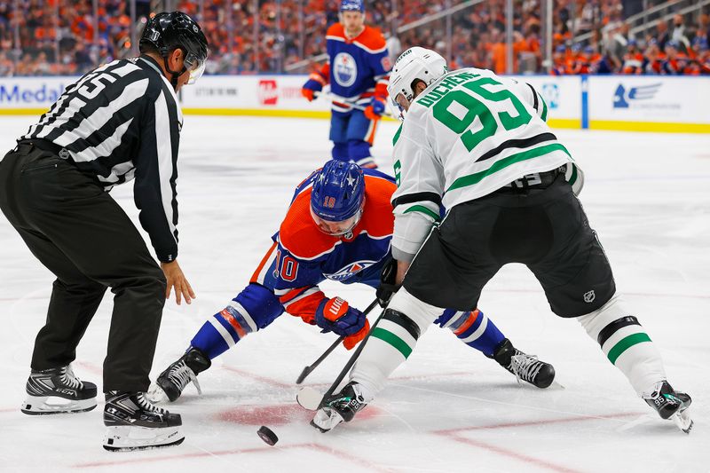 Jun 2, 2024; Edmonton, Alberta, CAN; Dallas Stars forward Matt Duchene (95) wins a draw against Edmonton Oilers forward Derek Ryan (10) during the third period in game six of the Western Conference Final of the 2024 Stanley Cup Playoffs at Rogers Place. Mandatory Credit: Perry Nelson-USA TODAY Sports