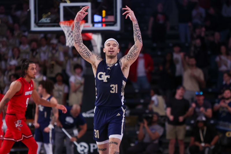 Feb 1, 2025; Atlanta, Georgia, USA; Georgia Tech Yellow Jackets forward Duncan Powell (31) fires up the crowd against the Louisville Cardinals in the second half at McCamish Pavilion. Mandatory Credit: Brett Davis-Imagn Images