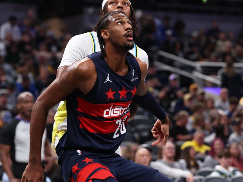 INDIANAPOLIS, IN - NOVEMBER 24: Alexandre Sarr #20 of the Washington Wizards plays defense during the game against the Indiana Pacers on November 24, 2024 at Gainbridge Fieldhouse in Indianapolis, Indiana. NOTE TO USER: User expressly acknowledges and agrees that, by downloading and or using this Photograph, user is consenting to the terms and conditions of the Getty Images License Agreement. Mandatory Copyright Notice: Copyright 2024 NBAE (Photo by Pepper Robinson/NBAE via Getty Images)