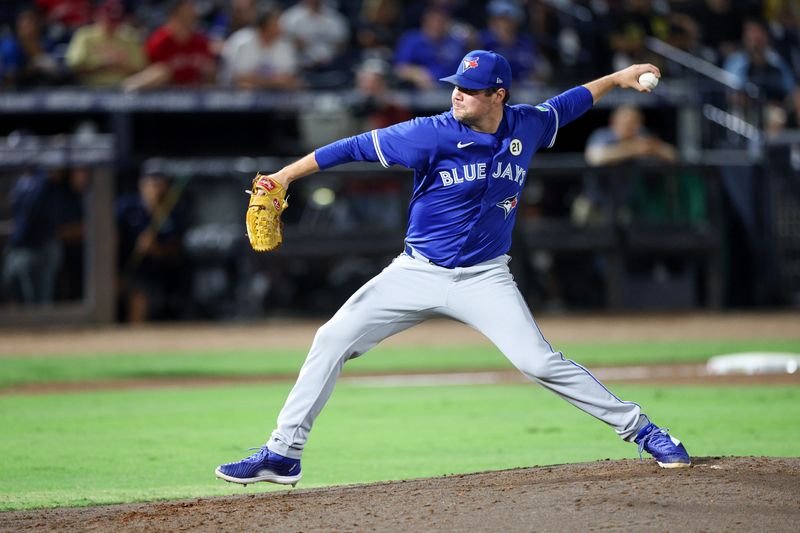 Sep 15, 2025; Tampa, Florida, USA; Toronto Blue Jays pitcher Brendon Little (54) throws a pitch against the Tampa Bay Rays in the sixth inning at George M. Steinbrenner Field. Mandatory Credit: Nathan Ray Seebeck-Imagn Images