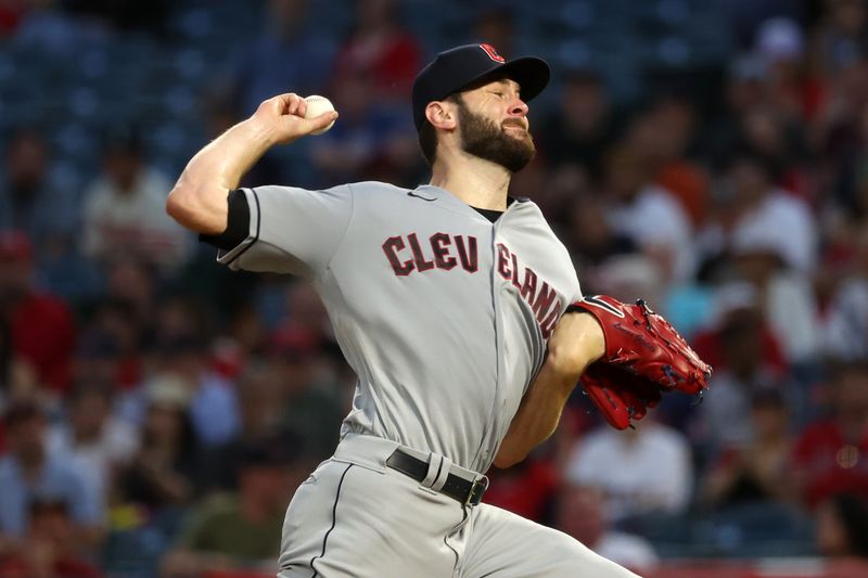 Sep 9, 2023; Anaheim, California, USA;  Cleveland Guardians starting pitcher Lucas Giolito (27) pitches during the fourth inning against the Los Angeles Angels at Angel Stadium. Mandatory Credit: Kiyoshi Mio-USA TODAY Sports