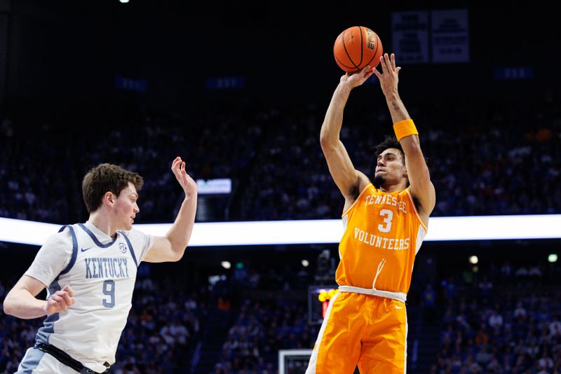 Feb 7, 2026; Lexington, Kentucky, USA; Tennessee Volunteers guard Bishop Boswell (3) shoots the ball during the first half against the Kentucky Wildcats at Rupp Arena at Central Bank Center. Mandatory Credit: Jordan Prather-Imagn Images