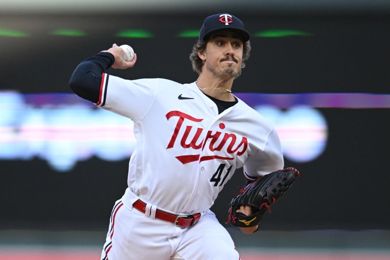 Apr 25, 2023; Minneapolis, Minnesota, USA; Minnesota Twins starting pitcher Joe Ryan (41) throws a pitch against the New York Yankees during the first inning at Target Field. Mandatory Credit: Jeffrey Becker-USA TODAY Sports