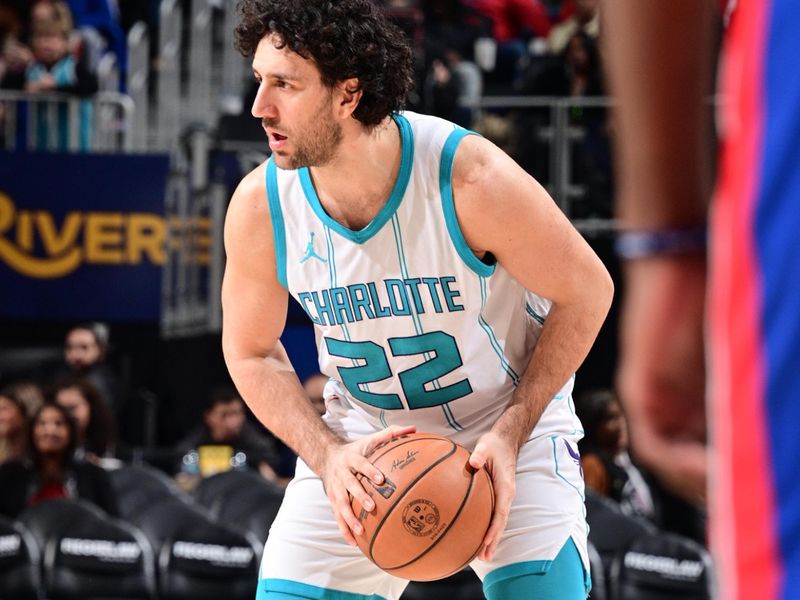 DETROIT, MI - JANUARY 3: Vasilije Micic #22 of the Charlotte Hornets  handles the ball during the game against the Detroit Pistons on January 3, 2025 at Little Caesars Arena in Detroit, Michigan. NOTE TO USER: User expressly acknowledges and agrees that, by downloading and/or using this photograph, User is consenting to the terms and conditions of the Getty Images License Agreement. Mandatory Copyright Notice: Copyright 2025 NBAE (Photo by Chris Schwegler/NBAE via Getty Images)