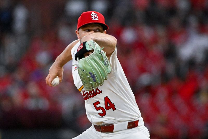 Sep 18, 2024; St. Louis, Missouri, USA;  St. Louis Cardinals starting pitcher Sonny Gray (54) pitches against the Pittsburgh Pirates during the second inning at Busch Stadium. Mandatory Credit: Jeff Curry-Imagn Images