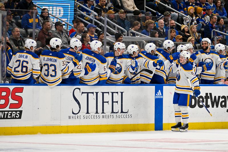 Nov 30, 2023; St. Louis, Missouri, USA;  Buffalo Sabres left wing Zach Benson (9) is congratulated by teammates after scoring against the St. Louis Blues during the second period at Enterprise Center. Mandatory Credit: Jeff Curry-USA TODAY Sports