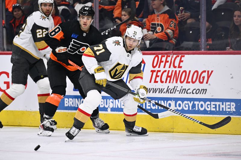 Nov 18, 2023; Philadelphia, Pennsylvania, USA; Vegas Golden Knights center William Karlsson (71) watches a loose puck against the Philadelphia Flyers in the first period at Wells Fargo Center. Mandatory Credit: Kyle Ross-USA TODAY Sports