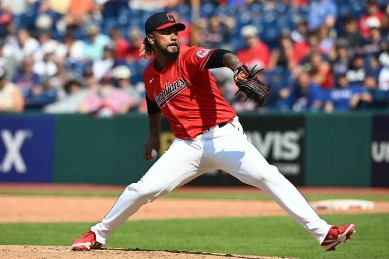 Aug 25, 2024; Cleveland, Ohio, USA; Cleveland Guardians relief pitcher Emmanuel Clase (48) throws a pitch during the ninth inning against the Texas Rangers at Progressive Field. Mandatory Credit: Ken Blaze-USA TODAY Sports