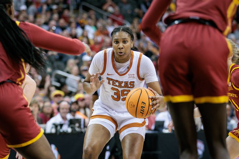 Mar 12, 2024; Kansas City, MO, USA; Texas Longhorns forward Madison Booker (35) brings the ball up court during the first half against the Iowa State Cyclones at T-Mobile Center. Mandatory Credit: William Purnell-USA TODAY Sports