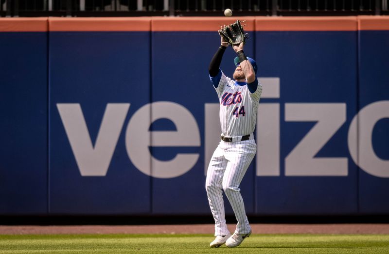 Jun 16, 2024; New York City, New York, USA; New York Mets outfielder Harrison Bader (44) catches a fly ball for an out during the fourth inning against the San Diego Padres at Citi Field. Mandatory Credit: John Jones-USA TODAY Sports