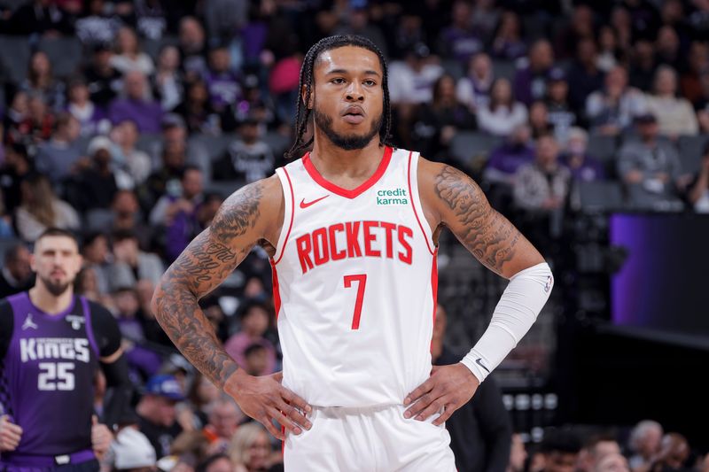 SACRAMENTO, CA - MARCH 10: Cam Whitmore #7 of the Houston Rockets looks on during the game against the Sacramento Kings on March 10, 2024 at Golden 1 Center in Sacramento, California. NOTE TO USER: User expressly acknowledges and agrees that, by downloading and or using this Photograph, user is consenting to the terms and conditions of the Getty Images License Agreement. Mandatory Copyright Notice: Copyright 2024 NBAE (Photo by Rocky Widner/NBAE via Getty Images)