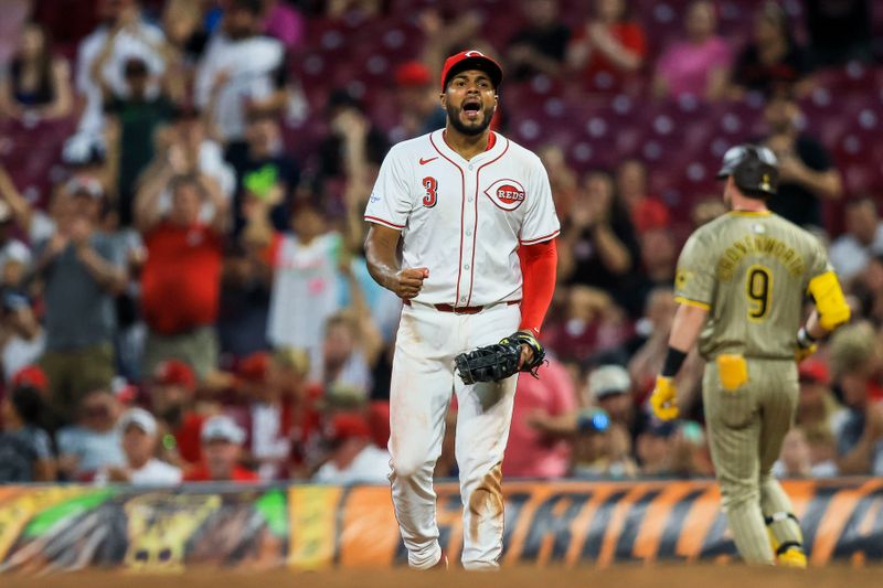 May 21, 2024; Cincinnati, Ohio, USA; Cincinnati Reds first baseman Jeimer Candelario (3) reacts after the victory over the San Diego Padres at Great American Ball Park. Mandatory Credit: Katie Stratman-USA TODAY Sports