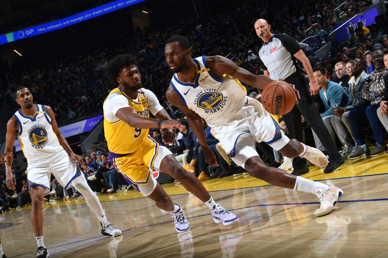 SAN FRANCISCO, CA - OCTOBER 18: Andrew Wiggins #22 of the Golden State Warriors handles the ball during the game against the Los Angeles Lakers during a NBA Preseason game on October 18, 2024 at Chase Center in San Francisco, California. NOTE TO USER: User expressly acknowledges and agrees that, by downloading and or using this photograph, user is consenting to the terms and conditions of Getty Images License Agreement. Mandatory Copyright Notice: Copyright 2024 NBAE (Photo by Noah Graham/NBAE via Getty Images)