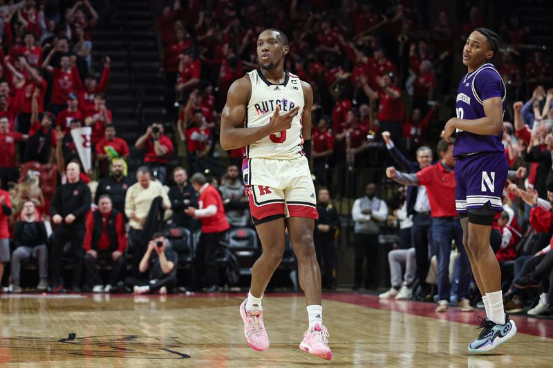 Feb 15, 2024; Piscataway, New Jersey, USA; Rutgers Scarlet Knights forward Aundre Hyatt (5) reacts after making three point basket in front of Northwestern Wildcats guard Justin Mullins (20) during the second half at Jersey Mike's Arena. Mandatory Credit: Vincent Carchietta-USA TODAY Sports