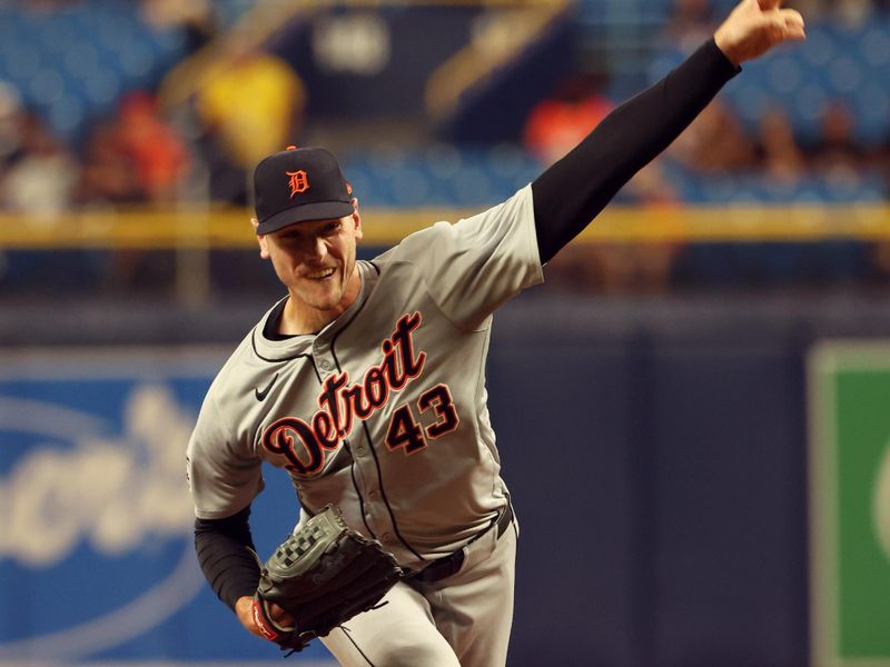 Apr 22, 2024; St. Petersburg, Florida, USA; Detroit Tigers pitcher Joey Wentz (43) throws a pitch against the Tampa Bay Rays during the ninth inning at Tropicana Field. Mandatory Credit: Kim Klement Neitzel-USA TODAY Sports