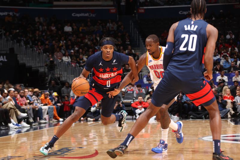 WASHINGTON, DC -? NOVEMBER 04:  Bilal Coulibaly #0 of the Washington Wizards dribbles the ball during the game against the Golden State Warriors n November 04 2024 at Capital One Arena in Washington, DC. NOTE TO USER: User expressly acknowledges and agrees that, by downloading and or using this Photograph, user is consenting to the terms and conditions of the Getty Images License Agreement. Mandatory Copyright Notice: Copyright 2024 NBAE (Photo by Kenny Giarla/NBAE via Getty Images)