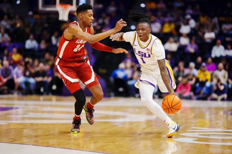 Feb 4, 2023; Baton Rouge, Louisiana, USA; LSU Tigers guard Cam Hayes (1) fights for position against Alabama Crimson Tide forward Brandon Miller (24) during the first half at Pete Maravich Assembly Center. Mandatory Credit: Andrew Wevers-USA TODAY Sports