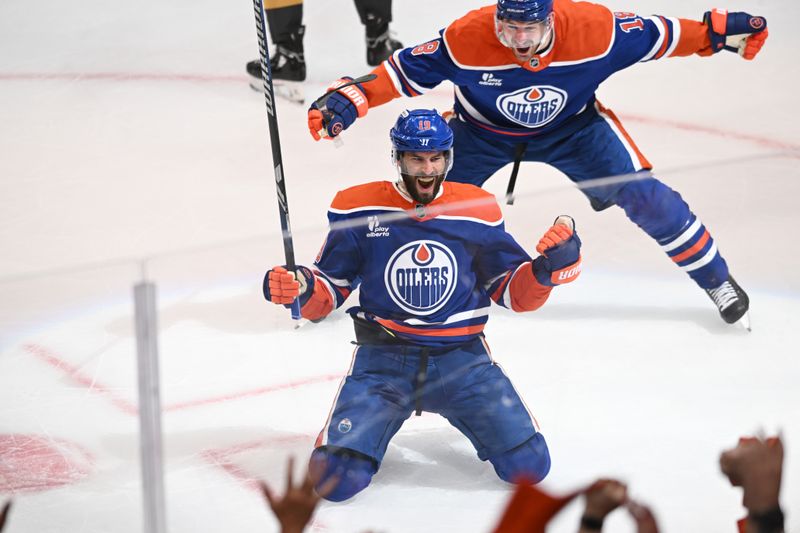 May 12, 2025; Edmonton, Alberta, CAN; Edmonton Oilers centre Adam Henrique (19) celebrates a goal the first period against the Vegas Golden Knights in game three of the second round of the 2025 Stanley Cup Playoffs at Rogers Place. Mandatory Credit: Walter Tychnowicz-Imagn Images