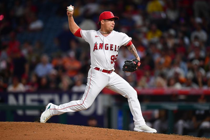 Sep 4, 2023; Anaheim, California, USA; Los Angeles Angels relief pitcher Gerardo Reyes (99) throws against the Baltimore Orioles during the seventh inning at Angel Stadium. Mandatory Credit: Gary A. Vasquez-USA TODAY Sports