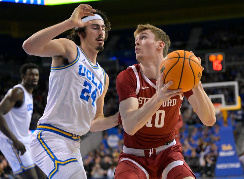 Feb 16, 2023; Los Angeles, California, USA; Stanford Cardinal forward Max Murrell (10) is defended by UCLA Bruins guard Jaime Jaquez Jr. (24) in the first half at Pauley Pavilion presented by Wescom. Mandatory Credit: Jayne Kamin-Oncea-USA TODAY Sports