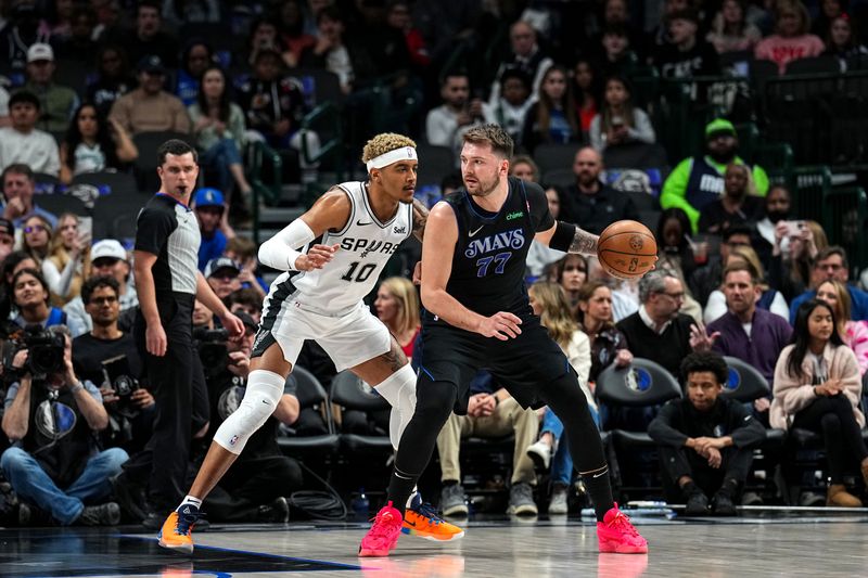 DALLAS, TX - FEBRUARY 14: Luka Doncic #77 of the Dallas Mavericks handles the ball during the game against the San Antonio Spurs on February 14, 2024 at the American Airlines Center in Dallas, Texas. NOTE TO USER: User expressly acknowledges and agrees that, by downloading and or using this photograph, User is consenting to the terms and conditions of the Getty Images License Agreement. Mandatory Copyright Notice: Copyright 2024 NBAE (Photo by Glenn James/NBAE via Getty Images)