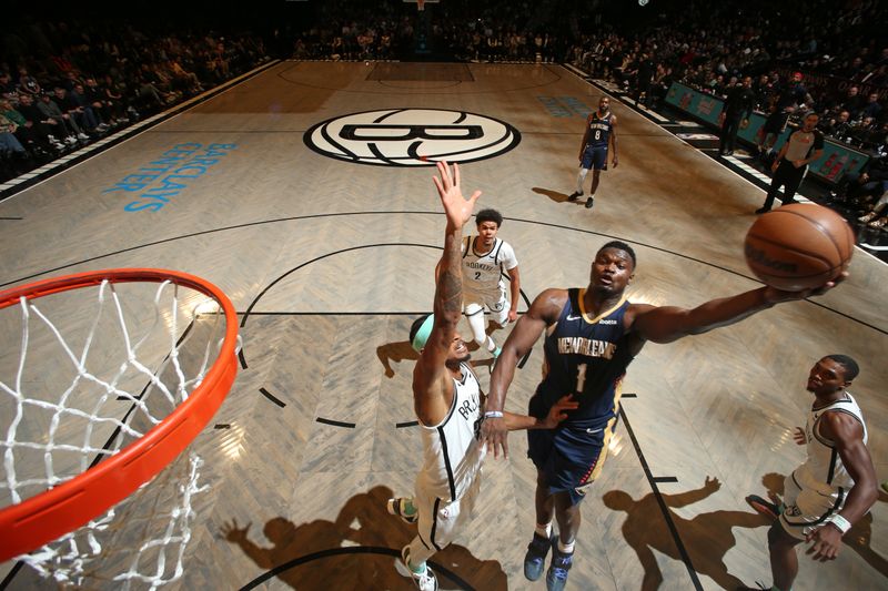 BROOKLYN, NY - MARCH 19: Zion Williamson #1 of the New Orleans Pelicans drives to the basket during the game against the Brooklyn Nets on March 19, 2024 at Barclays Center in Brooklyn, New York. NOTE TO USER: User expressly acknowledges and agrees that, by downloading and or using this Photograph, user is consenting to the terms and conditions of the Getty Images License Agreement. Mandatory Copyright Notice: Copyright 2024 NBAE (Photo by Nathaniel S. Butler/NBAE via Getty Images)