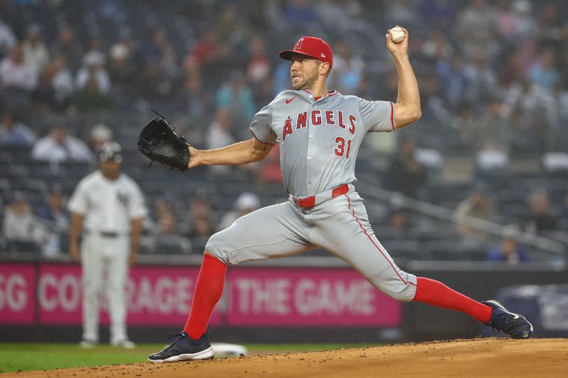 Aug 8, 2024; Bronx, New York, USA;  Los Angeles Angels starting pitcher Tyler Anderson (31) pitches in the first inning against the New York Yankees at Yankee Stadium. Mandatory Credit: Wendell Cruz-USA TODAY Sports