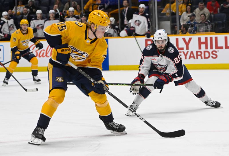 Jan 17, 2023; Nashville, Tennessee, USA;  Nashville Predators center Juuso Parssinen (75) skates against the Columbus Blue Jackets during the first period at Bridgestone Arena. Mandatory Credit: Steve Roberts-USA TODAY Sports