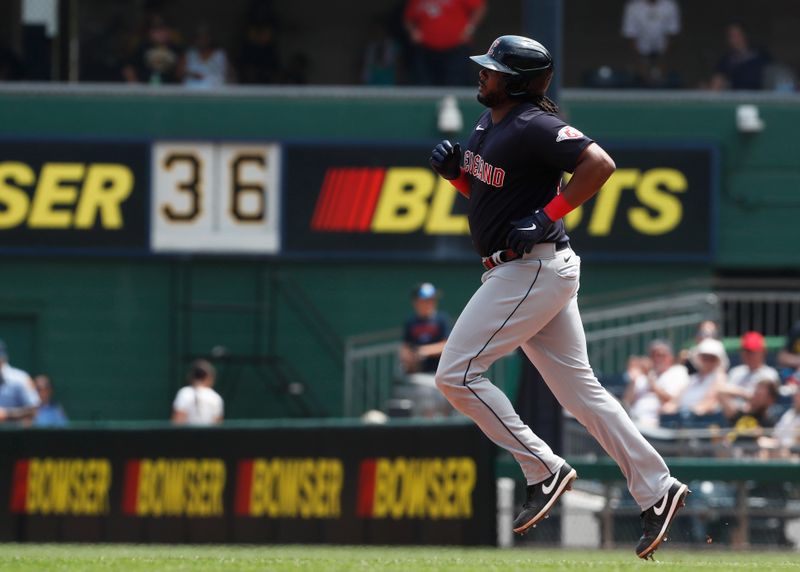 Jul 19, 2023; Pittsburgh, Pennsylvania, USA;  Cleveland Guardians first baseman Josh Bell (55) circles the bases on a solo home run against the Pittsburgh Pirates during the eighth inning at PNC Park. The Pirates won 7-5. Mandatory Credit: Charles LeClaire-USA TODAY Sports