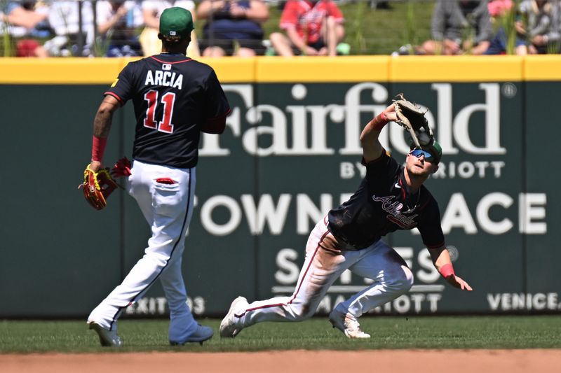 Mar 17, 2025; North Port, Florida, USA; Atlanta Braves left fielder Jarred Kelenic (24) catches a fly ball in the fourth inning against the Boston Red Sox during spring training at CoolToday Park. Mandatory Credit: Jonathan Dyer-Imagn Images