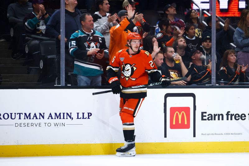 Nov 13, 2024; Anaheim, California, USA; Anaheim Ducks left wing Brock McGinn (26) celebrates after scoring a goal against the Vegas Golden Knights during the first period of a hockey game at Honda Center. Mandatory Credit: Jessica Alcheh-Imagn Images